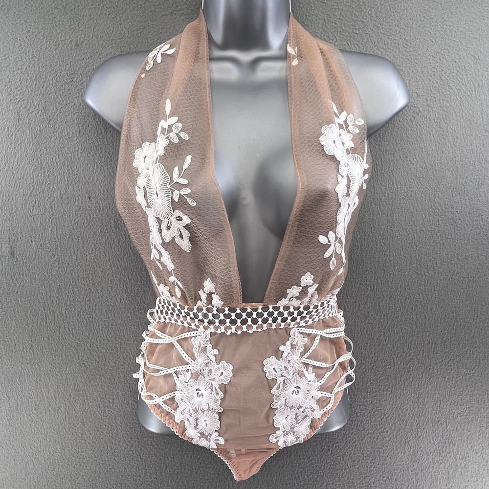 Victoria's Secret Women Bodysuit Mauve Floral Embroidered Mesh Small Romantic
